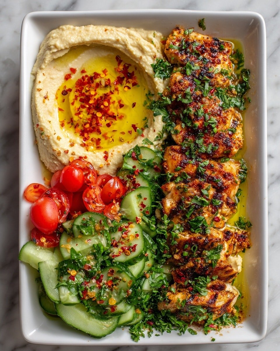 A white rectangular dish is filled with three main layers arranged side by side. On the right, there are grilled pieces of chicken with a golden-brown and slightly charred surface, sprinkled with green herbs. The left side has a creamy layer of hummus topped with a pool of olive oil and red chili flakes. The middle section features a fresh salad of sliced cucumbers and red tomatoes, mixed with lots of chopped green herbs and sprinkled with red chili flakes. The dish is set on a white marbled surface. photo taken with an iphone --ar 4:5 --v 7 — Spicy Garlic Chicken Bowl, Spicy Garlic Chicken Bowl with Hummus & Cucumber Salad, healthy chicken bowl recipes, quick chicken dinner ideas, flavorful chicken bowl