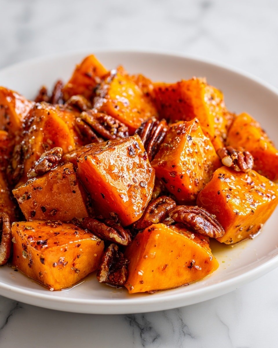 The image shows a close-up of roasted sweet potatoes and pecans served on a white plate. The sweet potatoes are cut into large, rough chunks with a shiny, caramelized orange surface, showing some specks of black pepper. Scattered among the sweet potatoes are whole pecan pieces with a rough, brown texture. The plate sits on a white marbled surface, adding a clean and bright look to the dish. The lighting highlights the glossy glaze on the sweet potatoes and pecans, making them look warm and inviting. photo taken with an iphone --ar 4:5 --v 7 — Maple Roasted Sweet Potatoes with Cranberries and Walnuts, sweet potato side dish recipes, holiday roasted sweet potatoes, easy fall vegetable sides, wholesome sweet potato recipes
