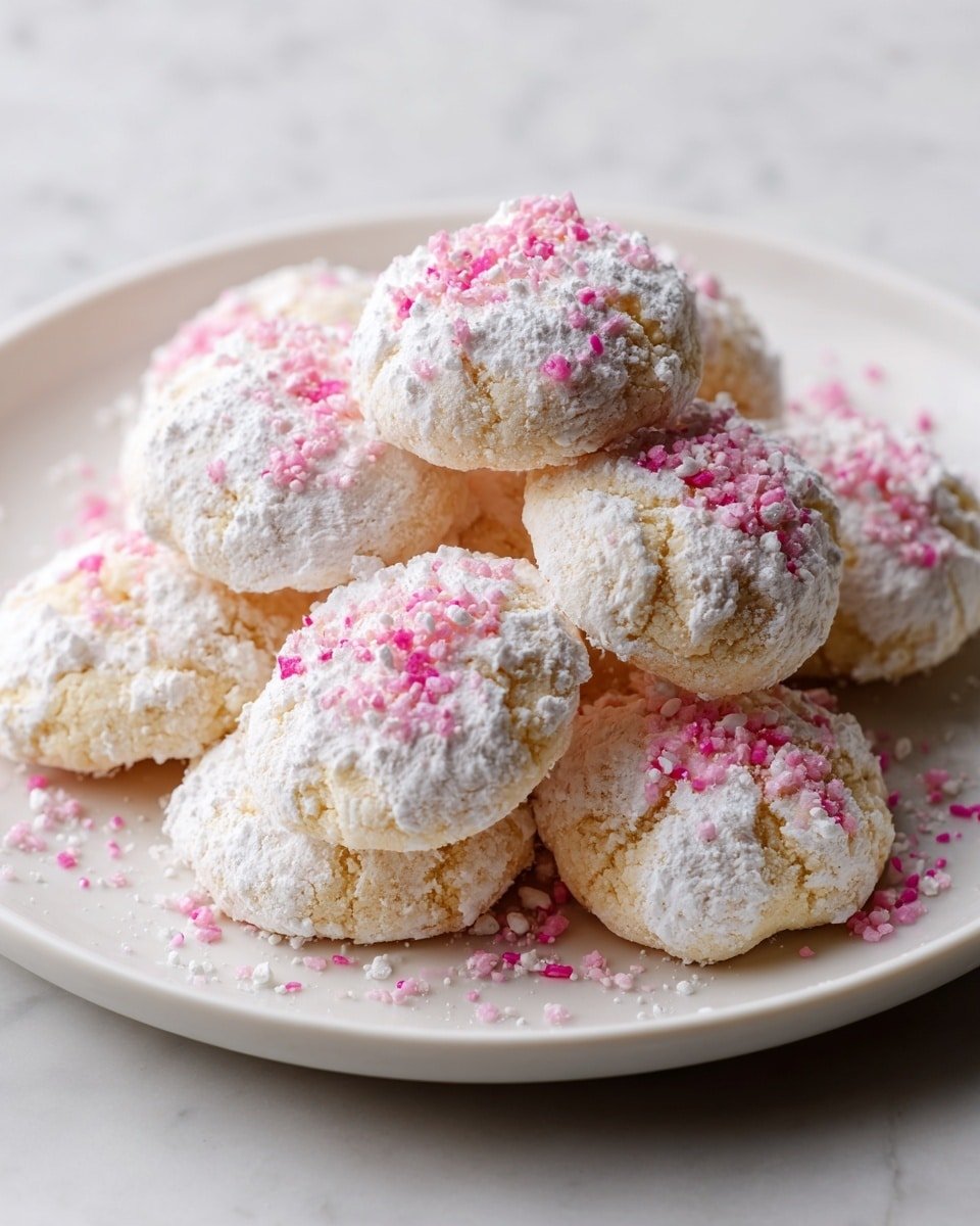 A white plate holds a pile of round cookies, each covered in a thick layer of white powdered sugar, giving a soft, powdery look. On top of the powdered sugar, there are small pink sugar bits scattered unevenly, adding a contrast of color and texture. The cookies are light beige under the sugar, with a slightly rough surface peeking through. The plate sits on a white marbled surface, creating a clean, bright background that highlights the cookies' delicate texture and colors. photo taken with an iphone --ar 4:5 --v 7 — Peppermint Snowball Cookies, holiday cookies, peppermint dessert, easy Christmas cookies, festive cookie recipes