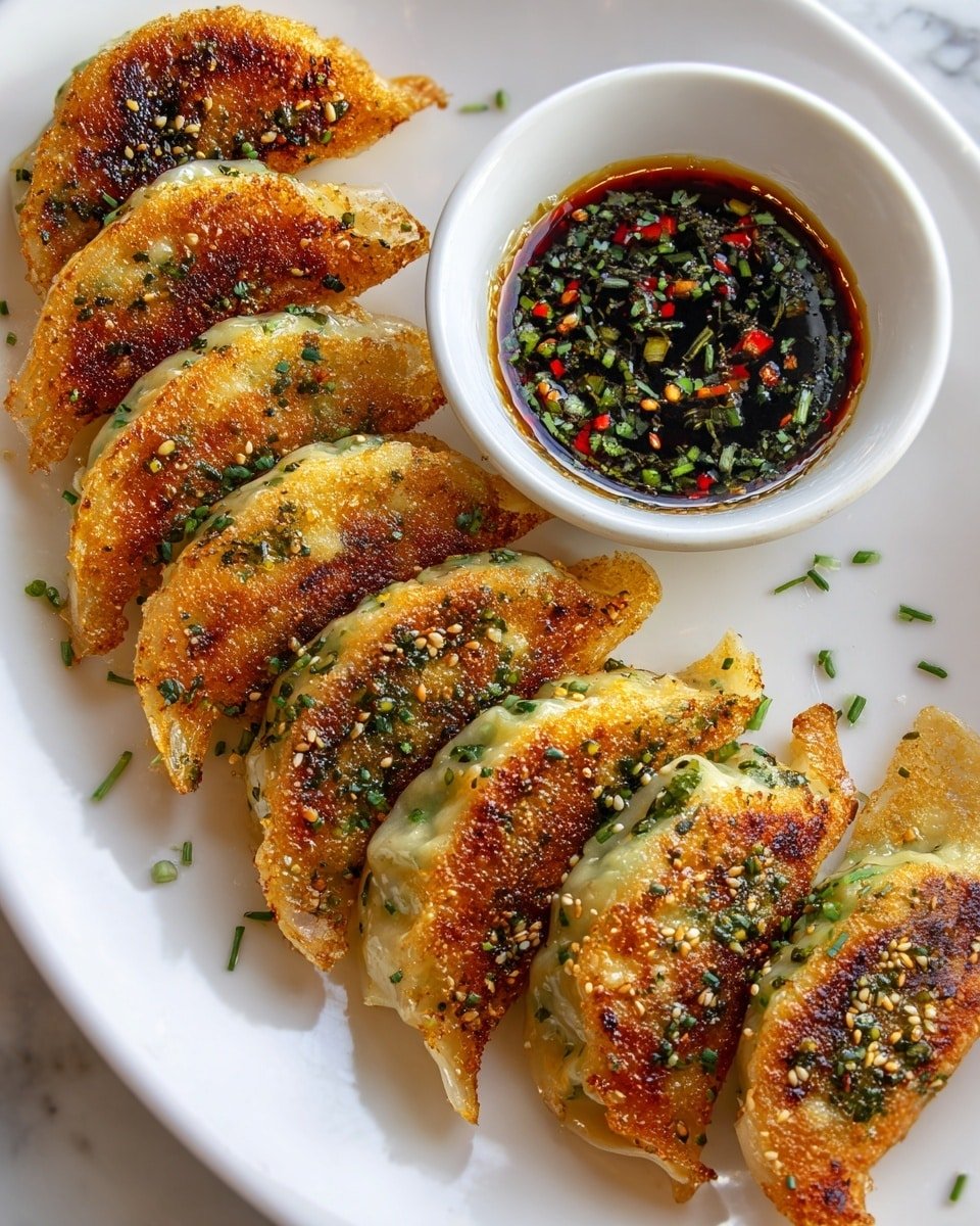 The image shows a white plate with seven golden-brown fried dumplings arranged in a curved line on a white marbled surface. Each dumpling has a crispy, browned top layer with visible green herbs and sesame seeds, and a translucent, slightly soft bottom layer revealing the inside filling. On the plate is a small white bowl filled with dark soy dipping sauce sprinkled with green herbs and red chili flakes. The dumplings and sauce appear fresh and appetizing, with a slight shine from the oil on the dumplings. Photo taken with an iphone --ar 4:5 --v 7 — Crispy Shrimp & Chicken Rice Paper Dumplings, spring roll-style dumplings with shrimp and chicken, easy homemade dumpling recipes, flavorful Asian appetizer, crispy bite-sized dumplings