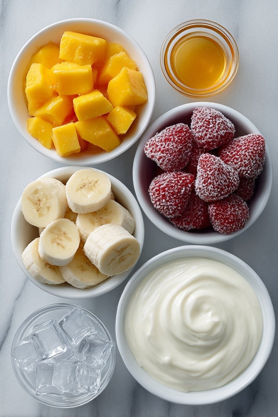 Flat lay of a small pile of fresh frozen strawberries with frosty details, a small pile of frozen mango chunks showing bright orange-yellow color, a peeled ripe banana sliced into even rounds, a small white ceramic bowl filled with vibrant orange juice, a small white ceramic bowl holding creamy white Greek yogurt, a small white ceramic bowl with golden honey glistening inside, and a small white ceramic bowl containing clear ice cubes, all arranged in perfect symmetry on a clean white marble surface, soft natural light, photo taken with an iPhone, professional food photography style, fresh ingredients, white ceramic bowls, no bottles, no duplicates, no utensils, no packaging --ar 2:3 --v 7 --p m7354639359234015250 — Strawberry Mango Smoothie, healthy fruit smoothie, tropical breakfast drink, quick smoothie recipe, easy blender smoothie
