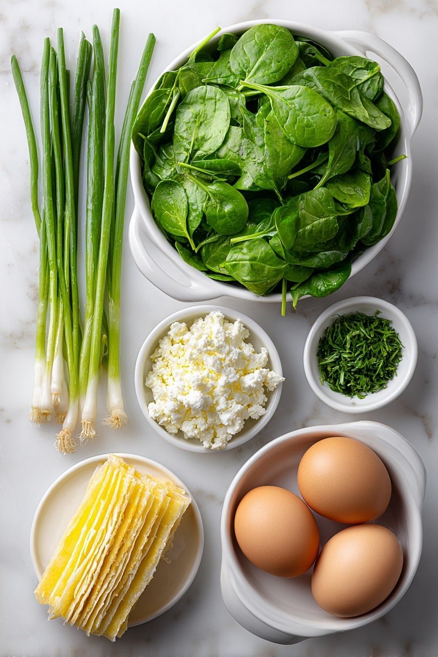 Flat lay of fresh vibrant green spinach leaves loosely piled, a small pile of finely chopped bright green dill sprigs, a small pile of chopped fresh parsley leaves, two large whole brown eggs with clean shells, a small white ceramic bowl filled with crumbled white feta cheese, a small white bowl containing golden olive oil, a cluster of slender fresh scallions with white bulbs and long green stalks, a small white bowl with finely chopped pale onion pieces, and a neat stack of thin, delicate phyllo dough sheets placed flat, all arranged in perfect symmetry on simple white ceramic dishes and bowls, placed on a clean white marble surface, soft natural light, photo taken with an iPhone, professional food photography style, fresh ingredients, white ceramic bowls, no bottles, no duplicates, no utensils, no packaging --ar 2:3 --v 7 --p m7354639359234015250 — Greek Spinach and Feta Pie, Greek Spinach Pie, Mediterranean spinach tart, Feta and spinach pastry, traditional Greek spinach pie
