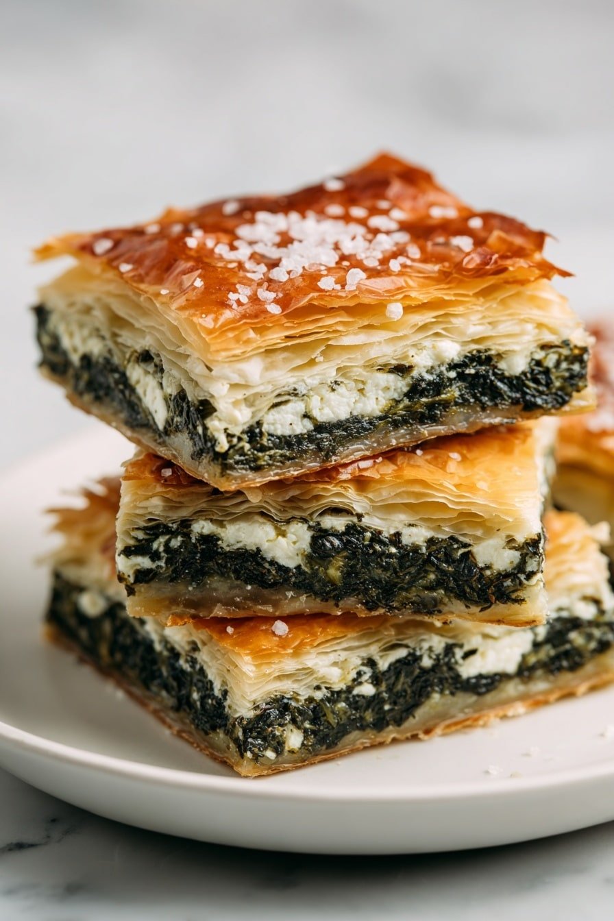 A stack of six pieces of golden brown phyllo pastry filled with a green and white spinach and cheese mix sits on a white plate. Each piece shows several thin, crisp layers of flaky, light brown phyllo dough on top and bottom, with a dense, moist layer of dark green spinach and white crumbled cheese in the center. The pieces are neatly cut into squares and stacked unevenly, giving depth to the image. The plate rests on a white marbled surface with a grayish background. photo taken with an iphone --ar 2:3 --v 7 — Greek Spinach and Feta Pie, Greek Spinach Pie, Mediterranean spinach tart, Feta and spinach pastry, traditional Greek spinach pie
