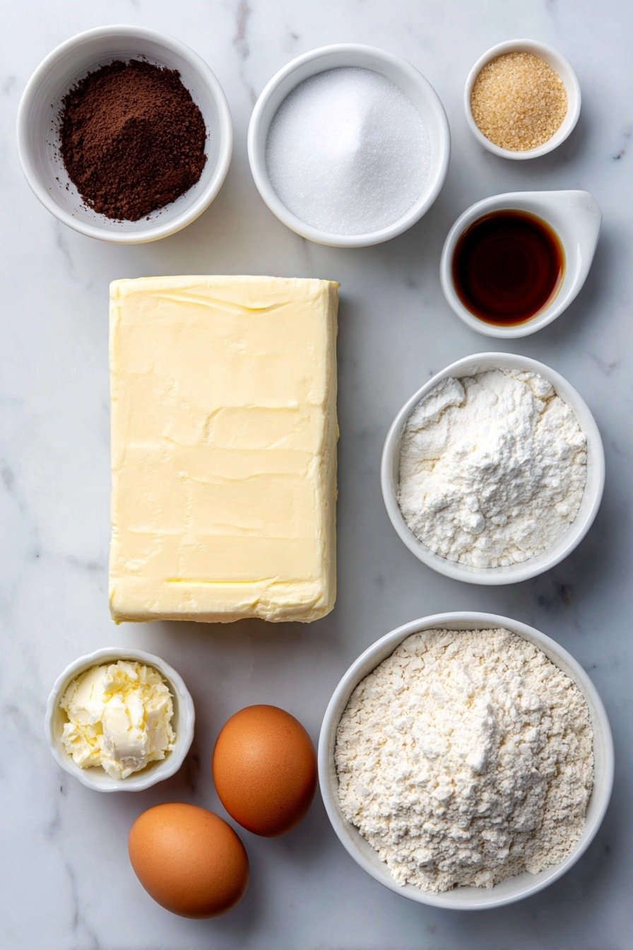 Flat lay of a block of cold cream cheese, a small white bowl of granulated white sugar, a small white bowl of vanilla extract, a small white bowl of all-purpose flour, a small white bowl of black cocoa powder, a small white bowl of baking powder, a small white bowl of salt, a large piece of softened unsalted butter, a small white bowl of light brown sugar, two whole uncracked brown eggs, placed on a clean white marble surface, soft natural light, photo taken with an iPhone, professional food photography style, fresh ingredients, white ceramic bowls, no bottles, no duplicates, no utensils, no packaging --ar 2:3 --v 7 --p m7354639359234015250 — Black Velvet Cheesecake Cookies, chocolate dessert cookies, creamy cheesecake cookies, chocolate and cream cookies, easy cheesecake cookie recipe