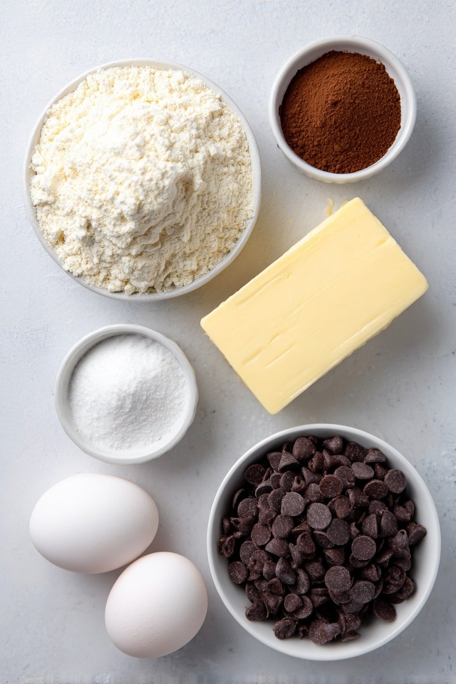 Flat lay of a small mound of fine vanilla cake mix, a neat pile of warm brown ground cinnamon powder, a half cup portion of soft unsalted butter shaped in a smooth block, two whole large eggs with clean shells, a small white ceramic bowl filled with bright white powdered sugar, a small white ceramic bowl holding a heap of glossy semi-sweet chocolate chips, all arranged in perfect symmetry on a simple white ceramic surface, placed on a clean white marble surface, soft natural light, photo taken with an iPhone, professional food photography style, fresh ingredients, white ceramic bowls, no bottles, no duplicates, no utensils, no packaging --ar 2:3 --v 7 --p m7354639359234015250 — Snickerdoodle Truffles, cinnamon chocolate truffles, easy holiday treats, caramelized chocolate candies, festive desserts