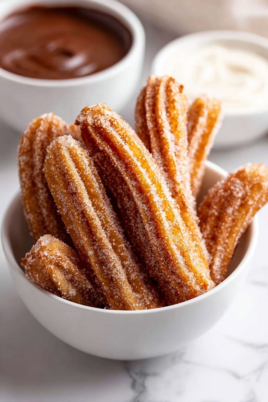 A white plate holds a pile of nine golden brown churros coated with sugar, each churro showing its ridged texture and crispy exterior. The churros are stacked in a pyramid shape with some lying flat and others resting on top, displaying a rough sugary surface with lightly browned edges. In the blurred background, there is a white cup filled with a dark chocolate sauce and another white bowl with more churros standing upright. The setting shows a white marbled surface under the plate. photo taken with an iphone --ar 2:3 --v 7 — Baked Churro Bites with Cinnamon Sugar, baked churro bites, cinnamon sugar churro bites, homemade baked churros, easy churro bites