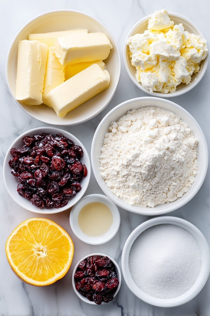 Flat lay of a small pile of softened unsalted butter, a small white bowl filled with granulated sugar, a simple white bowl holding all-purpose flour, a small white bowl with roughly chopped dried cranberries, a fresh large orange with a visible section of bright orange zest beside it, a small white bowl containing clear vanilla extract, a small white bowl with fine salt, and a small white bowl filled with fine powdered sugar for dusting, all arranged in perfect symmetry and balanced proportions on a clean white marble surface, soft natural light, photo taken with an iPhone, professional food photography style, fresh ingredients, white ceramic bowls, no bottles, no duplicates, no utensils, no packaging --ar 2:3 --v 7 --p m7354639359234015250 — Cranberry Orange Shortbread Cookies, holiday shortbread cookies, easy cranberry orange cookies, fruity shortbread treats, homemade shortbread recipes