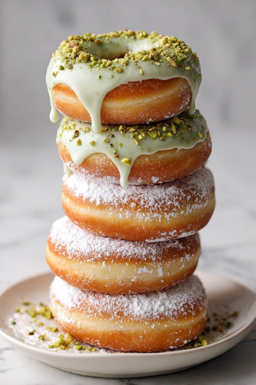 A white plate holds four round, golden-brown donuts with a light dusting of white powdered sugar on top. Each donut is decorated with thin, uneven white icing lines that run from the top center toward the edges. One donut is stacked on top of two others and is broken open to show a soft, green, moist inside filled with smooth, pale green cream. The plate sits on a white marbled surface. photo taken with an iphone --ar 2:3 --v 7 — Pistachio Doughnuts with Cream Filling, pistachio doughnut recipe, homemade pistachio filled doughnuts, tender doughnut recipe, pistachio cream filling