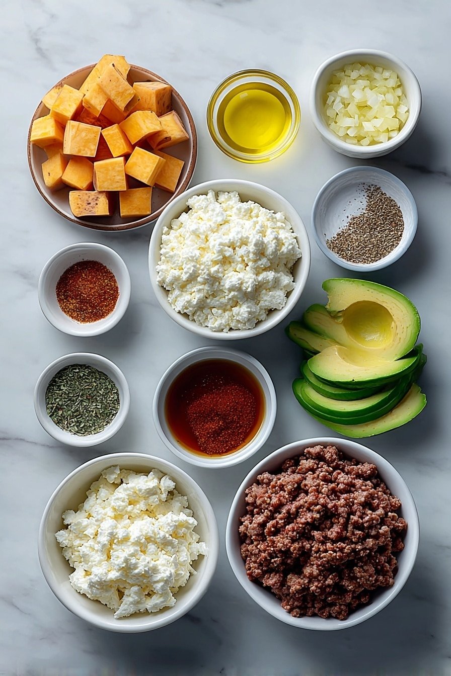 Ground Beef Hot Honey Bowl Recipe - Ingredients Image — Ground Beef Hot Honey Bowl, ground beef bowl with honey, spicy sweet potato bowl, easy hot honey dinner, cozy ground beef recipe