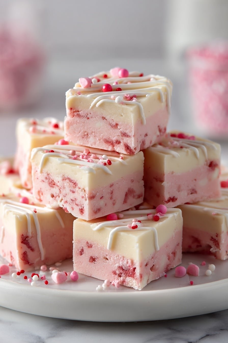 Valentine’s Day Sugar Cookie Fudge Recipe - Article Image 2 — Valentine’s Day Sugar Cookie Fudge, Valentine’s Day candy ideas, easy holiday fudge recipes, sugar cookie treats, festive Valentine’s fudge