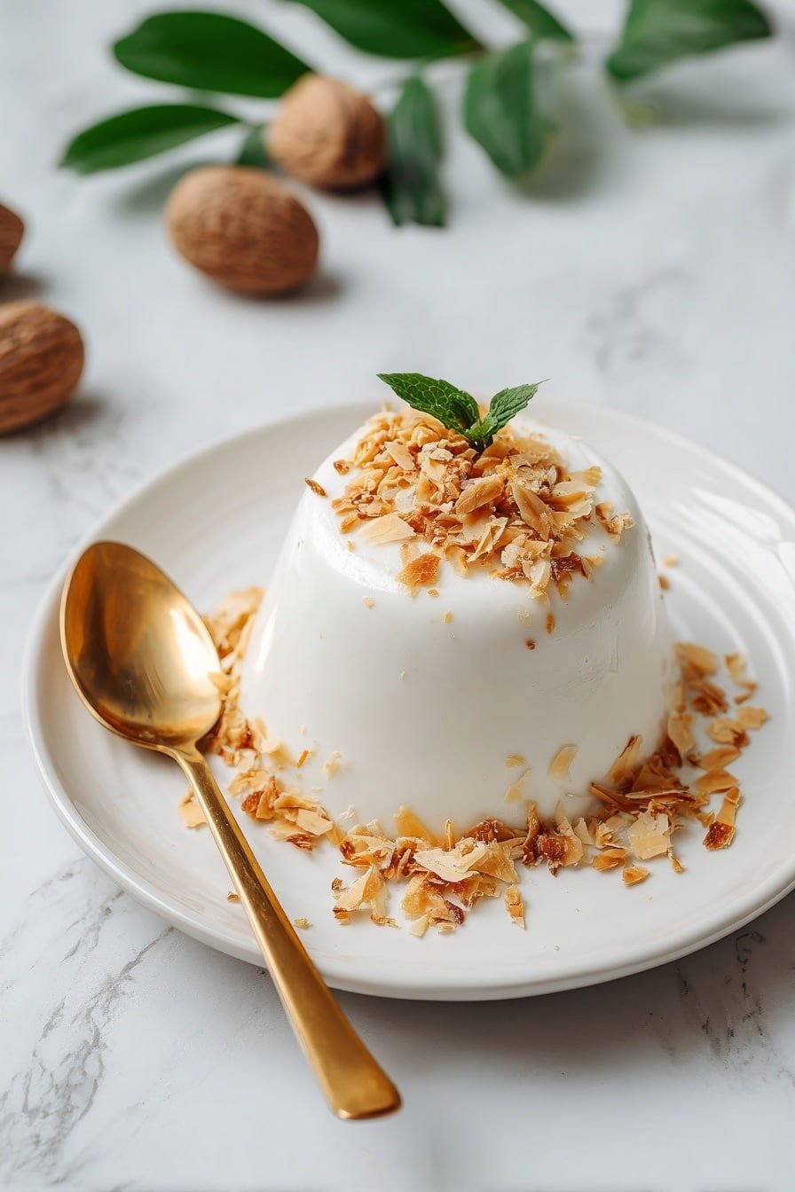 Toasted Coconut Panna Cotta Recipe - Article Image 2 — Toasted Coconut Panna Cotta, coconut panna cotta, tropical dessert, easy panna cotta recipe, coconut dessert