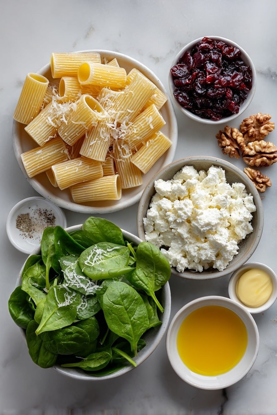 Flat lay of a small pile of uncooked rigatoni pasta, a simple white ceramic bowl filled with crumbled white feta cheese, a handful of bright red dried cranberries spread neatly, chopped toasted walnuts arranged in a small white ceramic bowl, fresh vibrant green baby spinach leaves, thinly sliced rings of deep purple-red onion on a white plate, a small white ceramic bowl with golden extra virgin olive oil, another small white bowl containing bright yellow fresh lemon juice, a small white ceramic bowl with amber honey, a tiny white bowl with smooth pale Dijon mustard, and tiny piles of coarse salt and freshly ground black pepper placed symmetrically, all ingredients fresh and natural, placed on a clean white marble surface, soft natural light, photo taken with an iPhone, professional food photography style, fresh ingredients, white ceramic bowls, no bottles, no duplicates, no utensils, no packaging --ar 2:3 --v 7 --p m7354639359234015250 — Feta Cranberry Rigatoni Salad, pasta salad with feta and cranberries, easy summer pasta salad, healthy pasta salad recipes, refreshing lemon vinaigrette pasta