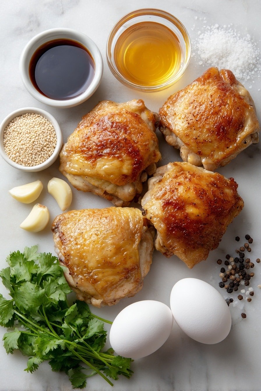 Flat lay of bone-in chicken thighs with golden skin, a small white bowl of dark soy sauce, a small white bowl of rich amber honey, a small white bowl of golden sesame oil, three peeled garlic cloves, a small pile of grated fresh ginger, a small white bowl filled with light tan sesame seeds, a small white bowl of bright green chopped fresh cilantro, whole uncracked eggs with clean shells, coarse salt crystals and black peppercorns scattered neatly, all arranged symmetrically on a clean white marble surface, soft natural light, photo taken with an iPhone, professional food photography style, fresh ingredients, white ceramic bowls, no bottles, no duplicates, no utensils, no packaging --ar 2:3 --v 7 --p m7354639359234015250 — Sticky Sesame Chicken Thighs, sesame chicken thighs recipe, easy sticky chicken, caramelized chicken thighs, flavorful Asian chicken