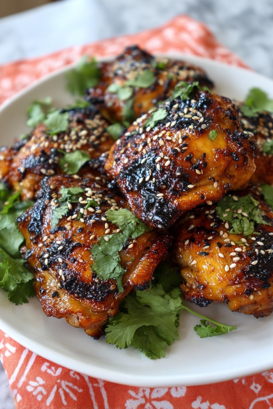 A white bowl filled with several pieces of grilled meat that have a dark, caramelized crust with some charred spots on top. The meat layers show a golden-brown to light pink inside, covered with a shiny, sticky glaze that looks thick and rich. Light brown sesame seeds and black seeds sprinkle the top of the meat, adding texture and color contrast. Bright green fresh cilantro leaves are scattered among the meat pieces, giving a fresh touch. There is a pool of orange-brown sauce pooling at the bottom of the bowl. The bowl sits on a white marbled surface with an orange cloth partially visible underneath. photo taken with an iphone --ar 2:3 --v 7 — Sticky Sesame Chicken Thighs, sesame chicken thighs recipe, easy sticky chicken, caramelized chicken thighs, flavorful Asian chicken