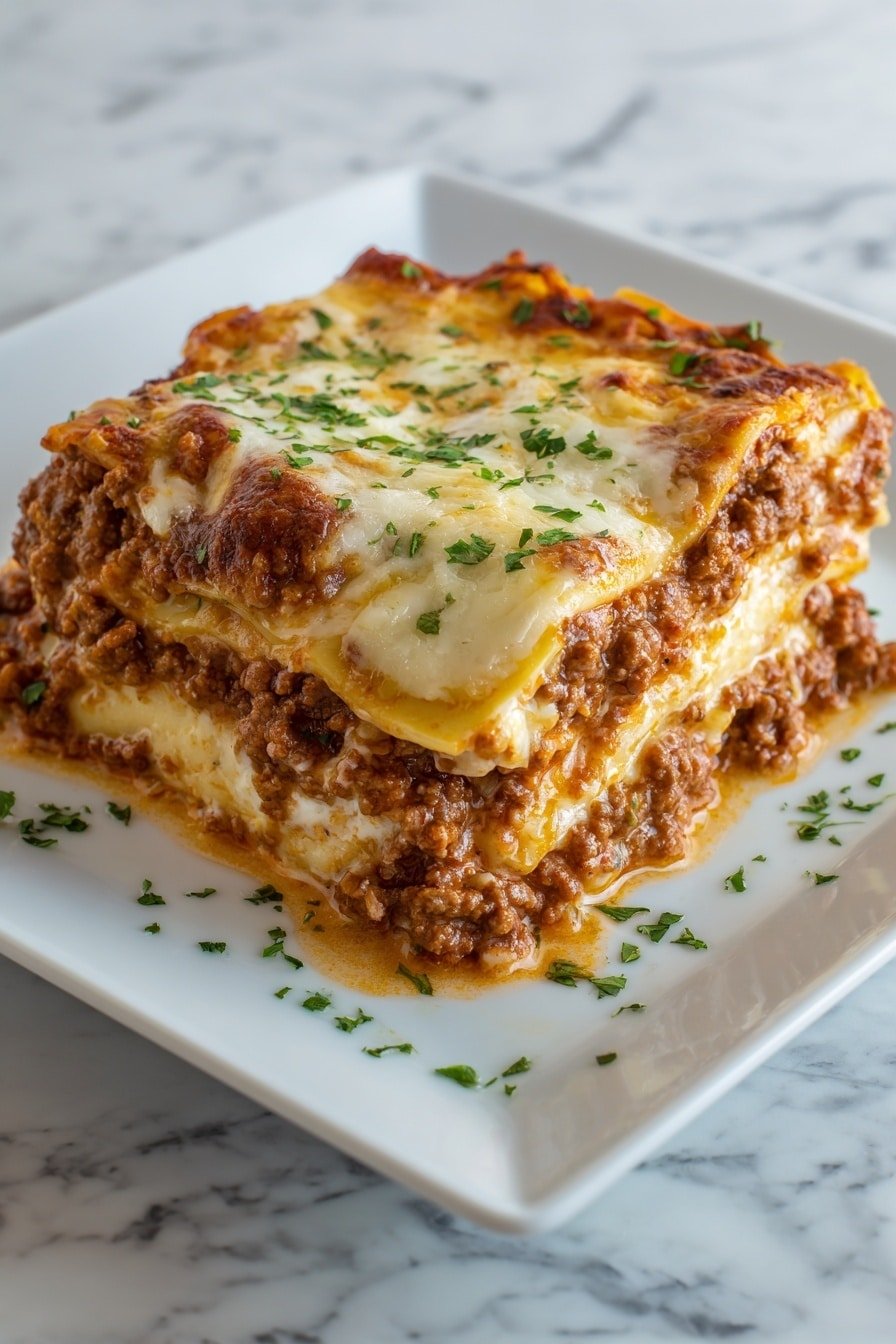 A thick square slice of lasagna sits on a white plate with a white marbled surface underneath, showing five visible layers: a top layer of melted golden and white cheese with browned spots, scattered with small green herb pieces; below that, a rich meaty sauce layer with ground meat and herbs; a creamy white cheese layer filled with green herbs; another meaty sauce layer like the one above; and at the bottom, a smooth light yellow pasta layer. The edges of the lasagna look soft and moist, and some fresh green herb leaves are scattered around the plate. photo taken with an iphone --ar 2:3 --v 7 — Million Dollar Lasagna, best lasagna recipe, homemade lasagna, Italian lasagna, comforting lasagna dish