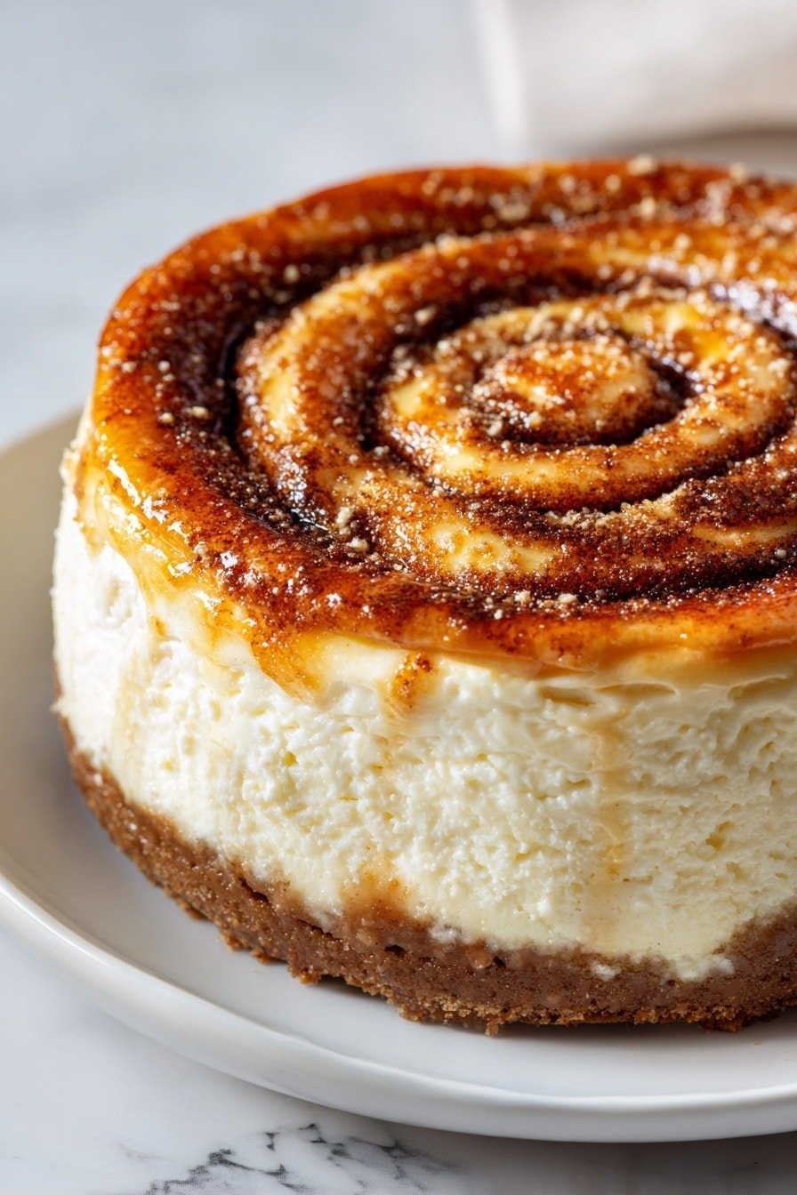 A round three-layered dessert stands on a white plate with a white marbled background. The bottom layer is a thin, firm dark brown crust. The middle layer is thick and creamy white cheese filling with a smooth, slightly uneven texture. The top layer is a golden brown spiral of cinnamon pastry, with a glazed shine and cinnamon sugar sprinkled on top. The spiral winds tightly from the center to the edge, giving a warm and inviting look. Photo taken with an iphone --ar 2:3 --v 7 — Cinnamon Roll Cheesecake with Honeybun Swirl, Cinnamon Roll Cheesecake, Honeybun Swirl Dessert, cinnamon cheesecake recipe, indulgent cinnamon dessert