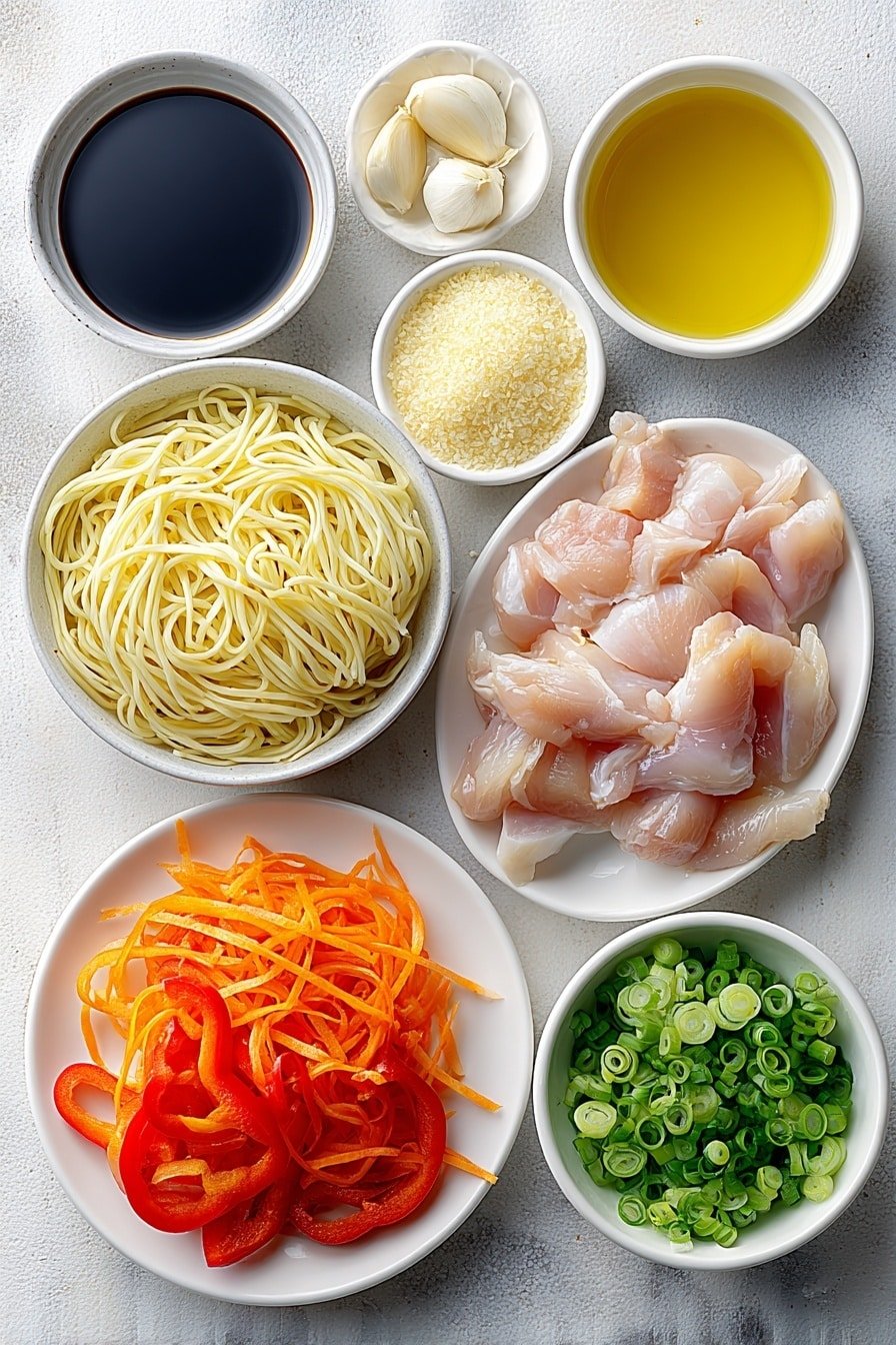 Flat lay of fresh, cooked lo mein noodles arranged in a small white ceramic bowl, thinly sliced raw boneless chicken thighs neatly fanned out on a white plate, a small white bowl with dark soy sauce, another small white bowl containing glossy oyster sauce, a small white bowl with golden sesame oil, three whole garlic cloves and a small mound of minced garlic placed next to them, a small heap of freshly minced ginger root, a small white ceramic bowl filled with bright orange julienned carrots, thin slices of a large red bell pepper arranged on a white plate, finely sliced green onions evenly spread in a small white bowl, and a small white bowl holding clear vegetable oil, all perfectly balanced and symmetrically placed, placed on a clean white marble surface, soft natural light, photo taken with an iPhone, professional food photography style, fresh ingredients, white ceramic bowls, no bottles, no duplicates, no utensils, no packaging --ar 2:3 --v 7 --p m7354639359234015250 — Easy Chicken Lo Mein, chicken lo mein, quick Chinese noodles, Asian stir-fry recipe, homemade lo mein