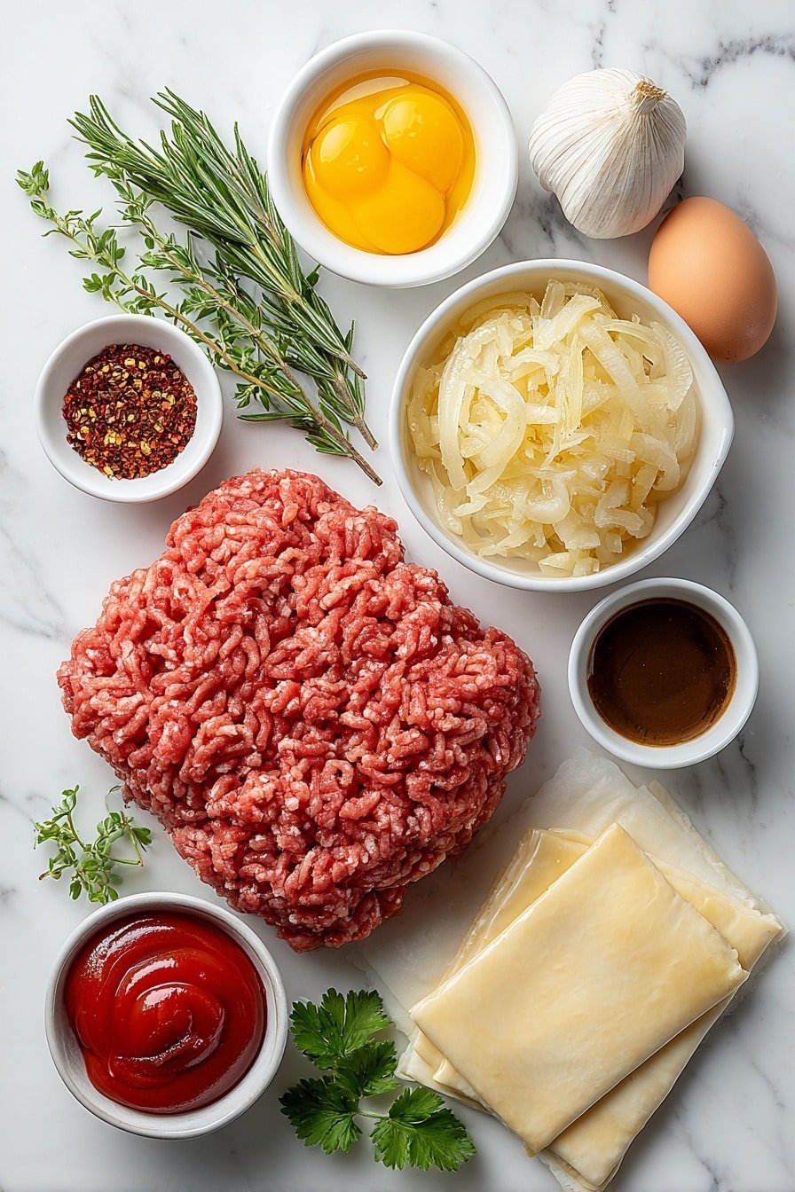 French Onion Sausage Rolls Recipe - Ingredients Image — French Onion Sausage Rolls, savory pastry with caramelized onions, easy sausage roll recipe, comforting brunch ideas, flaky puff pastry filled with pork