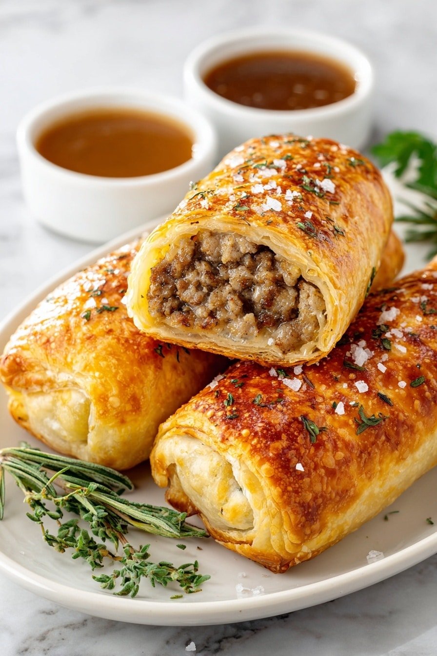 French Onion Sausage Rolls Recipe - Article Image 1 — French Onion Sausage Rolls, savory pastry with caramelized onions, easy sausage roll recipe, comforting brunch ideas, flaky puff pastry filled with pork