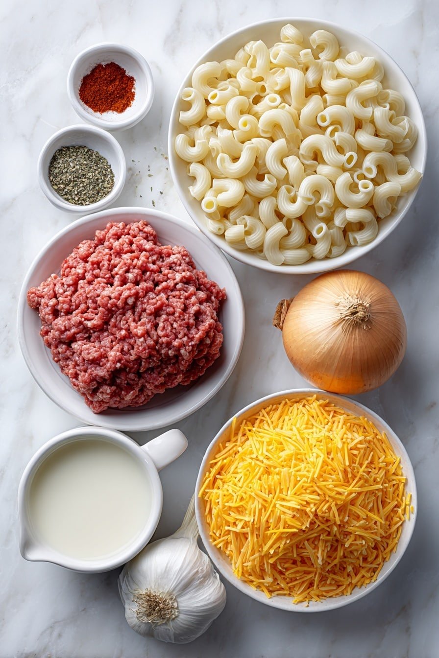 Cheesy Ground Beef Pasta Skillet Recipe - Ingredients Image — Cheesy Ground Beef Pasta Skillet, ground beef pasta dinner, quick cheesy pasta recipe, hearty skillet dinner, easy ground beef pasta