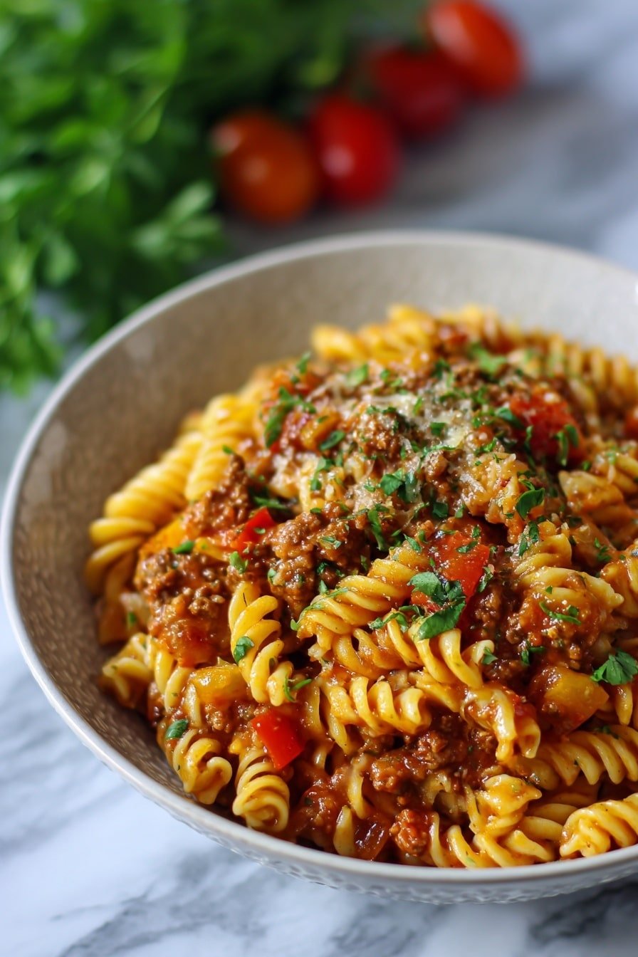 Cheesy Ground Beef Pasta Skillet Recipe - Article Image 2 — Cheesy Ground Beef Pasta Skillet, ground beef pasta dinner, quick cheesy pasta recipe, hearty skillet dinner, easy ground beef pasta