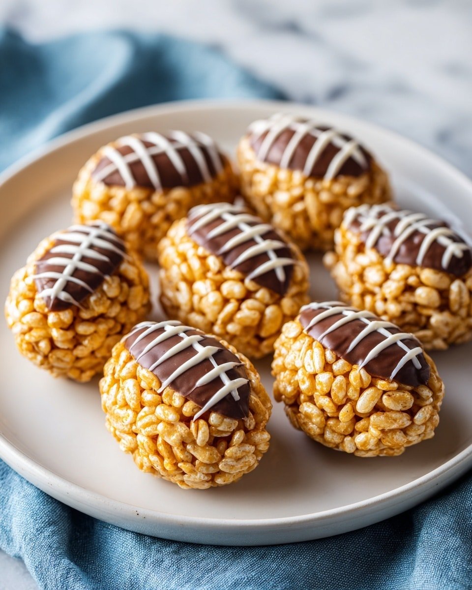 A round white plate holds eight small football-shaped treats, each made of golden rice cereal textured with a slight shine, showing the puffed grains clearly. On top of each treat, there is a thick layer of smooth, rich dark chocolate in a stripe running lengthwise, with white chocolate lines crossing it horizontally to look like football laces. The plate is set on a white marbled texture underneath, with a blue cloth partly visible beneath the plate. The background is softly blurred, keeping the focus on these textured, detailed, and shiny cereal footballs, photo taken with an iphone --ar 4:5 --v 7 — Rice Krispie Footballs, Rice Krispie treats, Football-shaped snacks, Easy holiday treats, Kid-friendly party desserts
