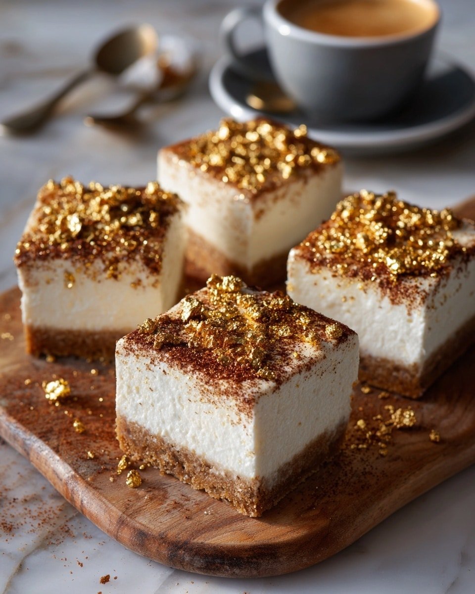 The image shows four square pieces of cheesecake on a wooden board placed on a white marbled surface. Each piece has two layers: a bottom crumbly brown crust and a thick top creamy white cheesecake layer with a light, airy texture visible. The tops of the cheesecake squares are sprinkled with a shiny, golden glitter and a dusting of fine brown powder, giving a sparkling finish. In the blurred background, there is a white cup with a metal spoon on a saucer, suggesting a warm drink nearby. photo taken with an iphone --ar 4:5 --v 7 — Eggnog Cheesecake Bars, Eggnog dessert recipes, holiday cheesecake bars, festive cheesecake bars, creamy eggnog cheesecake