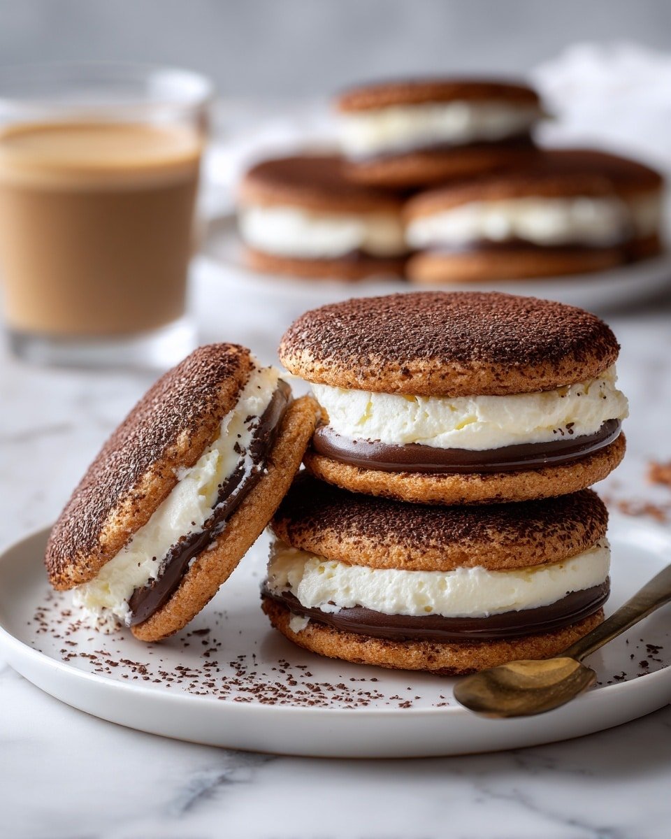The image shows a stack of four round sandwich cookies on a white plate placed on a white marbled surface. Each cookie has three visible layers: the top and bottom layers are light brown with a fine dusting of dark cocoa powder on top, the middle layer is thick and white, creamy filling, and there is a thin, dark chocolate layer just underneath the top cookie's white cream. Two of the cookies are stacked neatly, while one cookie is cut in half and stacked on top of the others, showing the rich, creamy filling and chocolate layer inside. The background is blurred with another stack of cookies and a glass of light brown coffee. A bronze-colored spoon is placed on the white marbled surface near the plate. photo taken with an iphone --ar 4:5 --v 7 — Tiramisu Cookies, Italian dessert cookies, coffee-flavored cookies, chocolate and coffee cookies, easy Tiramisu Cookies recipe