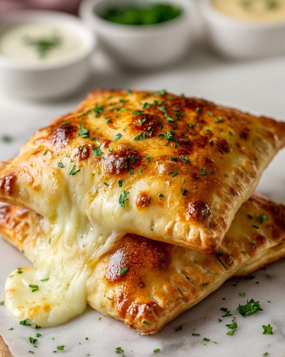 A stack of two golden brown, baked square pastries is shown on a white marbled surface with parchment paper underneath. The top pastry is broken open, revealing stretchy, melted white cheese oozing out from inside. Both pastries have a bubbly, slightly browned cheese layer on top with small green herb flakes sprinkled over them. In the blurred background, a white bowl of red sauce is partially visible. photo taken with an iphone --ar 4:5 --v 7 — Homemade Easy Cheese Pizza Pockets, cheesy pizza pockets recipe, homemade pizza snacks, quick cheese pizza pockets, easy pizza pockets for beginners