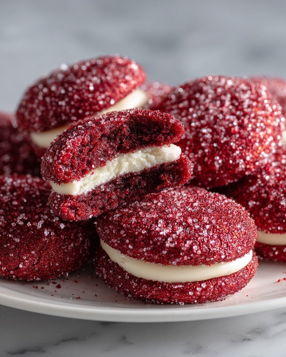 A close-up view of five round red cookies on a white plate set on a white marbled surface texture. Each cookie has a rough, sugar-coated outer layer with sparkling white sugar crystals and deep red color. In the middle of each cookie, there is a thick, smooth creamy white filling. One cookie is broken in half, showing the two layers: a dense, textured red cookie layer on the outside and creamy white filling inside. The overall look is rich in red and white contrast with a soft yet textured feel. Photo taken with an iphone --ar 4:5 --v 7 — Red Velvet Thumbprint Cookies with Cream Cheese Filling, festive cookie recipes, thumbprint cookies with cream cheese, holiday red velvet cookies, easy cream cheese filled cookies