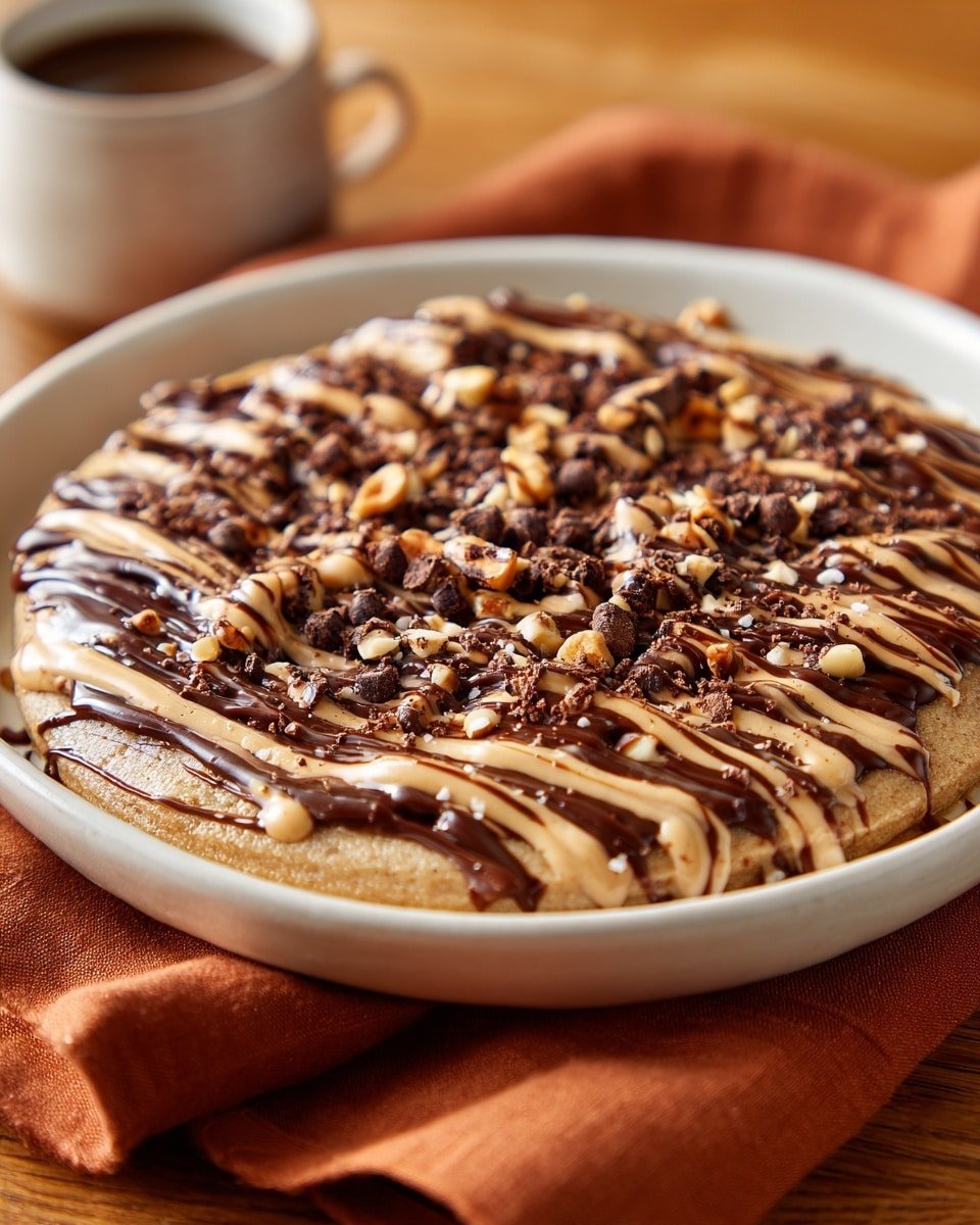 A round dessert with three main layers sits inside a white shallow bowl on a folded orange cloth, placed on a wooden table. The base layer is a light brown, smooth dough or crust. On top, dark brown chocolate sauce is drizzled thickly in wavy lines, followed by a lighter tan-colored creamy sauce drizzled similarly. The final layer is a scattered mix of small chopped nuts and dark chocolate chips spread evenly over the top. The photo taken with an iphone --ar 4:5 --v 7 — Creamy Chocolate Peanut Butter Dream, chocolate peanut butter frozen dessert, easy no-churn peanut butter chocolate treat, indulgent peanut butter chocolate mousse, silky chocolate peanut butter dessert