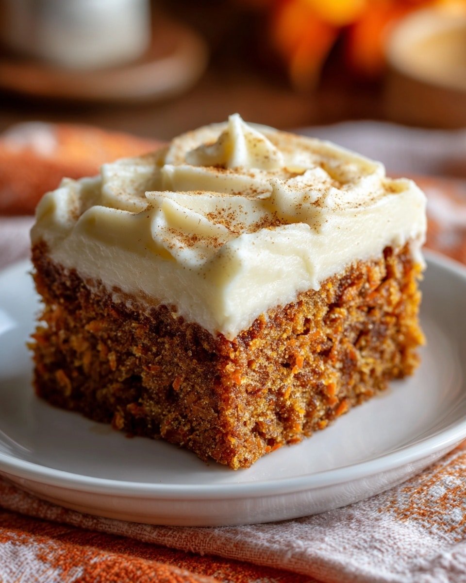 A square piece of moist brown cake with a rough texture sits on a white plate. On top, there is a thick layer of smooth, creamy white frosting sprinkled with a light dust of dark brown powder, adding contrast to the soft surface. The cake is placed on an orange and beige cloth with a white marbled background blurred softly in the distance. photo taken with an iphone --ar 4:5 --v 7 — Pumpkin Spice Cake with Cream Cheese Frosting, fall pumpkin cake recipe, pumpkin spice dessert, easy pumpkin spice cake, moist pumpkin cake with frosting