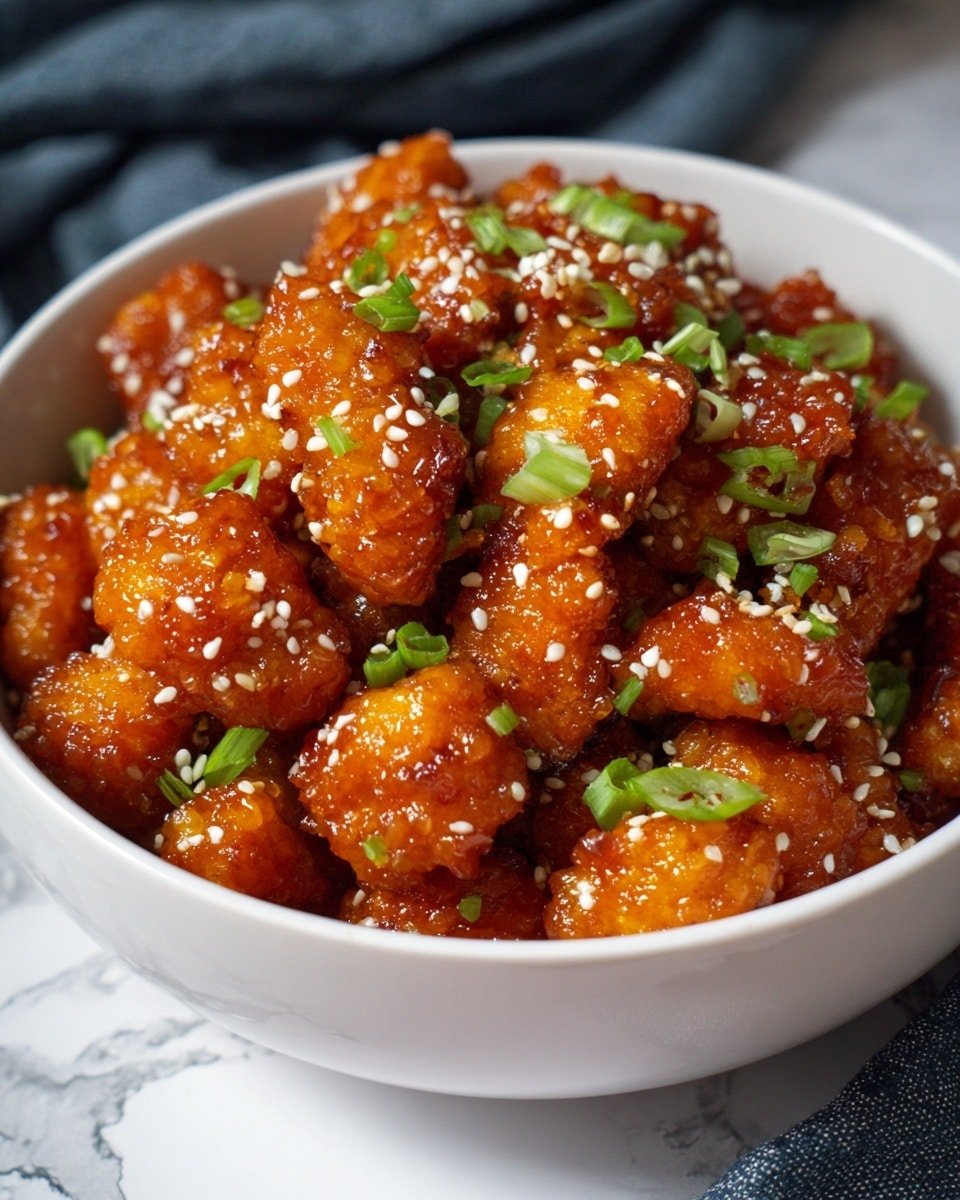 A white bowl filled with many pieces of golden fried chicken bites covered in a shiny orange sauce, sprinkled with white sesame seeds and chopped green onions on top. In the foreground, a woman's hand holds one chicken bite on a wooden skewer, showing its crisp texture and sauce glaze. Behind the bowl, a small white bowl contains chopped green onions. The setting is on a white marbled surface with a soft dark gray cloth partially visible nearby. photo taken with an iphone --ar 4:5 --v 7 — Air Fryer Hot Honey Chicken Bites, crispy chicken nuggets with honey glaze, spicy sweet chicken bites, easy air fryer chicken recipes, quick hot honey chicken