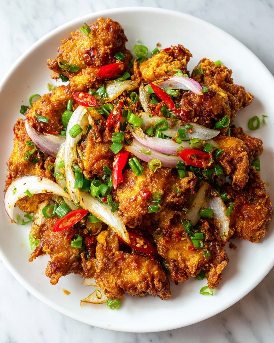 A white plate filled with several pieces of crispy, golden-brown fried chicken chunks layered with large, semi-translucent white onion slices that have light browning on edges, and bright green chopped spring onions scattered throughout. Small pieces of red chili peppers are spread on top and around the chicken, adding small pops of red color. The chicken texture looks crunchy with a slightly rough surface, and the onions have a soft, slightly cooked look. The background has a white marbled texture. Photo taken with an iphone --ar 4:5 --v 7 — Air Fryer Salt and Pepper Chicken, salt and pepper chicken recipe, crispy chicken air fryer, Chinese salt and pepper chicken, quick air fryer chicken