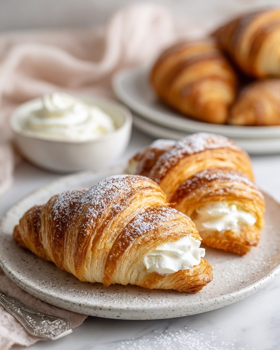 Two golden brown pastries with many flaky layers, each filled with creamy white filling that looks soft and smooth. The pastries are dusted with white powdered sugar on top and placed on a round speckled grey plate. In the blurred background, there is a white plate with more pastries and a small white bowl filled with thick white cream. The whole scene is set on a white marbled surface. Photo taken with an iphone --ar 4:5 --v 7 — Cheesecake Crescent Rolls, easy cheesecake crescent rolls, creamy cheese-filled crescent rolls, quick breakfast crescent rolls, buttery cheesecake pastries