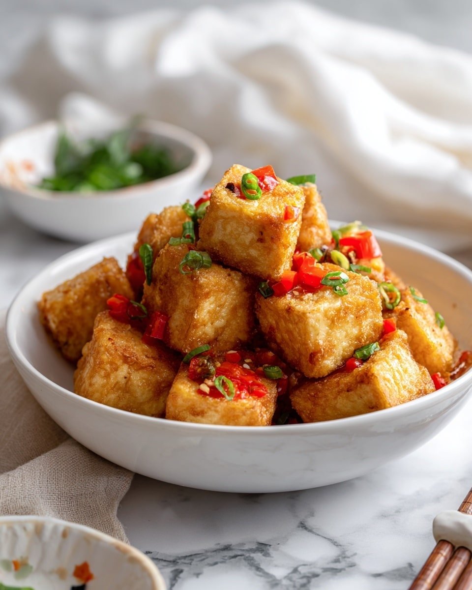 The image shows a white shallow bowl filled with about three layers of crispy, golden-brown fried tofu cubes. On top of and mixed between the tofu cubes are small pieces of bright red bell pepper and thin slices of fresh green onions. The tofu's texture looks crunchy on the outside with a rough surface. In the background, there is a small white bowl with green herbs and another bowl partially visible with a light colored sauce. The whole scene is set on a white marbled surface with a soft-focus white cloth and white chopsticks nearby. Photo taken with an iphone --ar 4:5 --v 7 — Salt and Pepper Tofu, crispy tofu recipe, spicy Chinese tofu, vegetarian Asian dishes, easy tofu stir-fry