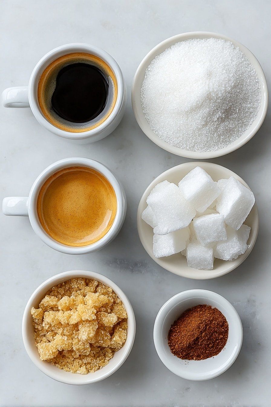 Flat lay of four small white ceramic bowls each containing dark rich espresso shots, a small white bowl with light brown sugar crystals, a small white bowl filled with smooth unsweetened oat milk, a simple white ceramic plate holding a neat pile of ice cubes, and a tiny white bowl with fine ground cinnamon, all arranged in perfect symmetry and balanced proportions, placed on a clean white marble surface, soft natural light, photo taken with an iPhone, professional food photography style, fresh ingredients, white ceramic bowls, no bottles, no duplicates, no utensils, no packaging --ar 2:3 --v 7 --p m7354639359234015250 — Brown Sugar Shaken Espresso, iced coffee with brown sugar, caramelized espresso drink, frothy espresso beverage, cinnamon coffee cocktail
