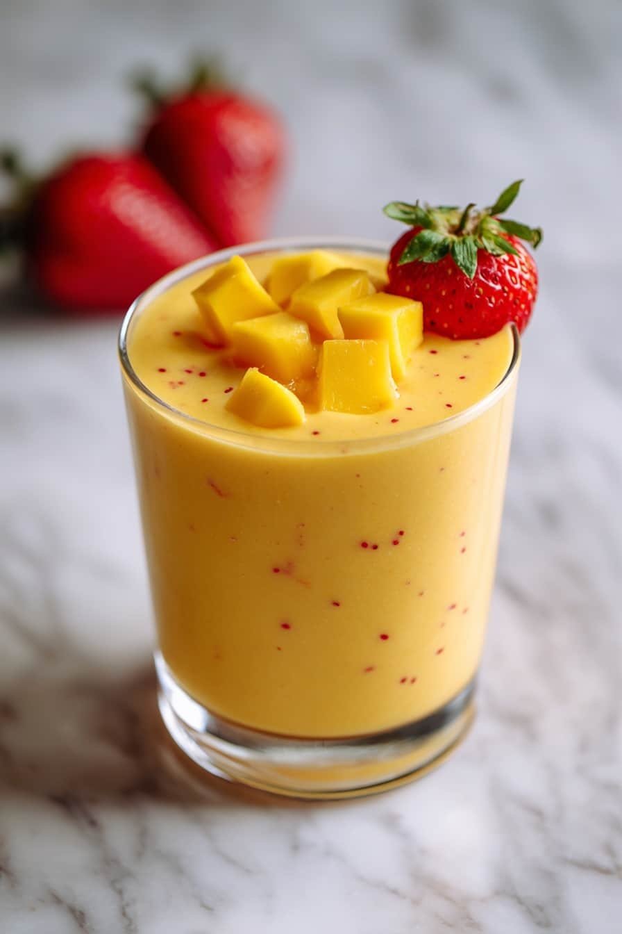A tall clear glass filled with a thick orange smoothie that has tiny red specks spread evenly throughout. On top, there are four small, bright yellow mango cubes arranged in a row near the rim. A whole red strawberry with a green leafy top is placed on the rim of the glass. The background shows two blurred strawberries and a white marbled surface. photo taken with an iphone --ar 2:3 --v 7 — Strawberry Mango Smoothie, healthy fruit smoothie, tropical breakfast drink, quick smoothie recipe, easy blender smoothie