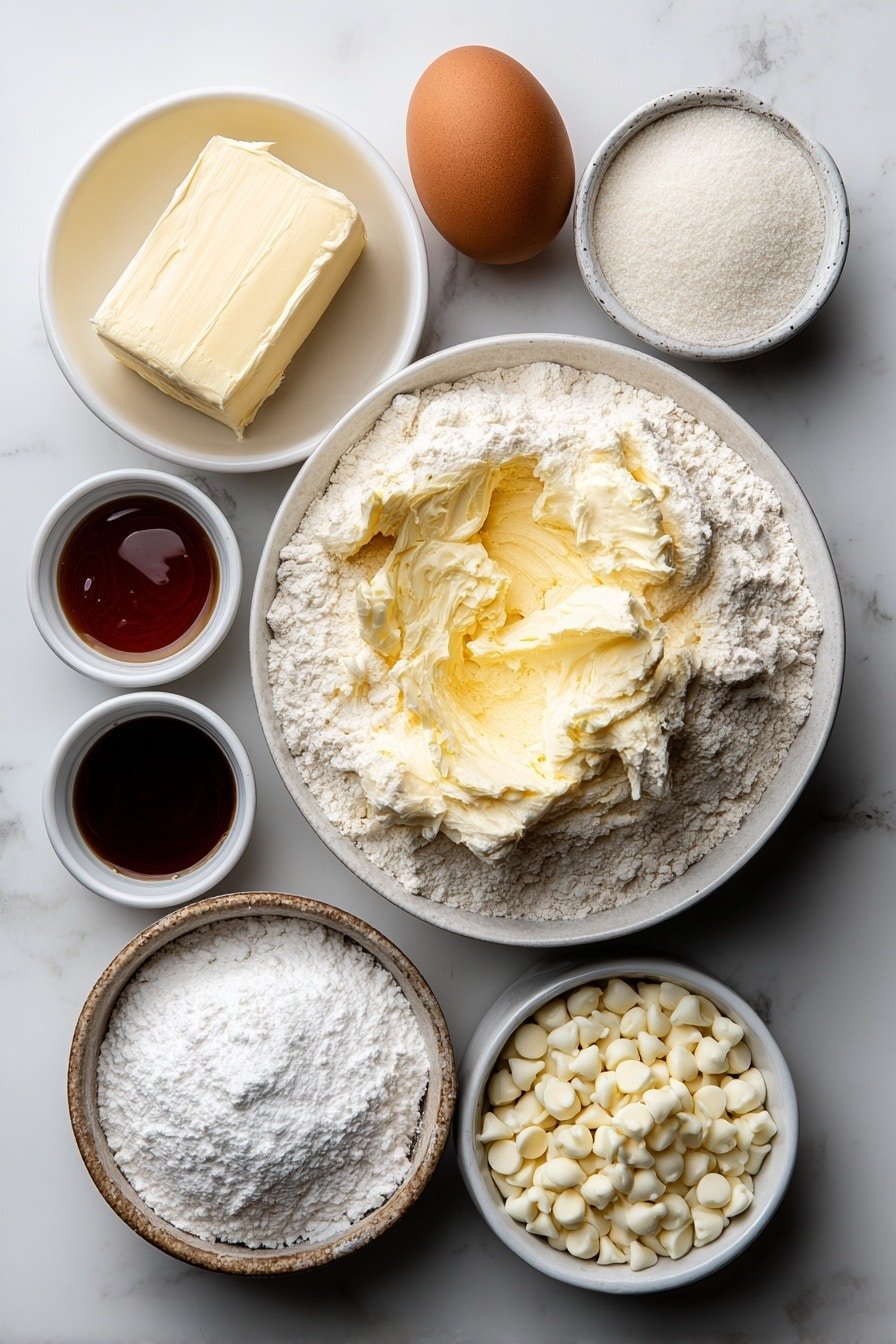 Flat lay of a small white ceramic bowl of softened unsalted butter, a small white ceramic bowl of granulated sugar, a single large uncracked brown egg, a small white ceramic bowl of vanilla extract, a small white ceramic bowl of peppermint extract, a small white ceramic bowl of all-purpose flour, a small white ceramic bowl of baking powder, a small white ceramic bowl of salt, a small white ceramic bowl of red food coloring, a small white ceramic bowl of white chocolate chips, a small white ceramic bowl of powdered sugar, a small white ceramic bowl of milk, a small white ceramic bowl of crushed peppermint candies placed on a clean white marble surface, soft natural light, photo taken with an iPhone, professional food photography style, fresh ingredients, white ceramic bowls, no bottles, no duplicates, no utensils, no packaging --ar 2:3 --v 7 --p m7354639359234015250 — Peppermint Sandwich Cookies, peppermint cookies recipe, holiday cookie ideas, festive cookies with peppermint, easy peppermint sandwich cookies