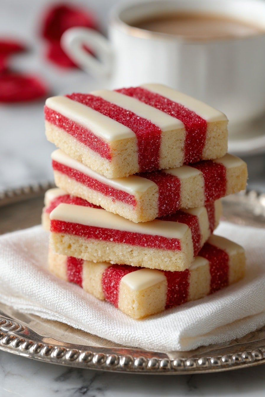 A stack of square cookies with two red stripes and one cream-white stripe in the middle of each cookie, showing a soft, crumbly texture. The cookies are placed on a white cloth on a silver tray with rounded edges and a beaded border. The background has a white marbled texture with a blurred white cup and red shapes in the distance. Photo taken with an iphone --ar 2:3 --v 7 — Peppermint Sandwich Cookies, peppermint cookies recipe, holiday cookie ideas, festive cookies with peppermint, easy peppermint sandwich cookies