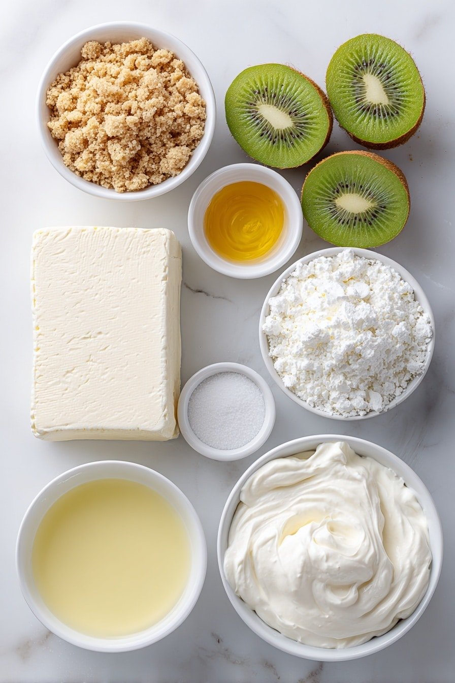 Flat lay of a small bowl of golden graham cracker crumbs, a small bowl of melted golden butter, a block of smooth cream cheese, a small bowl of fine white powdered sugar, a small white bowl with a clear vanilla extract liquid, a small white bowl filled with thick heavy cream, two whole uncracked bright green kiwis, and a small white bowl of fresh pale yellow lemon juice placed on a clean white marble surface, soft natural light, photo taken with an iPhone, professional food photography style, fresh ingredients, white ceramic bowls, no bottles, no duplicates, no utensils, no packaging --ar 2:3 --v 7 --p m7354639359234015250 — Mini Key Lime Cheesecakes with Kiwi Topping, Key Lime Cheesecake Miniatures, Easy Lime Cheesecake Bites, Fresh Fruit Cheesecake Topping, No-Bake Mini Cheesecake Dessert