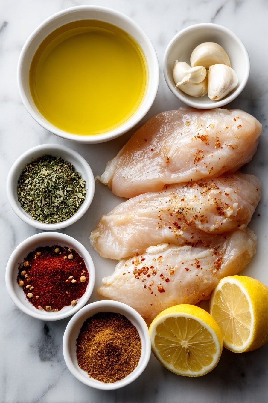 Flat lay of four raw boneless skinless chicken breasts neatly arranged, a small white ceramic bowl of golden olive oil, a small white bowl with three whole garlic cloves, separate small white bowls each containing ground cumin, ground paprika, ground coriander, ground cinnamon, cayenne pepper, ground black pepper, and salt, and a halved fresh lemon with visible juicy pulp placed next to a small white bowl holding fresh lemon juice, all ingredients fresh and natural, perfectly symmetrical and balanced layout, placed on a clean white marble surface, soft natural light, photo taken with an iPhone, professional food photography style, fresh ingredients, white ceramic bowls, no bottles, no duplicates, no utensils, no packaging --ar 2:3 --v 7 --p m7354639359234015250 — Moroccan-Spiced Chicken, Grilled Chicken with Moroccan Spices, Moroccan Chicken Recipe, Spiced Grilled Chicken, Moroccan-Inspired Chicken