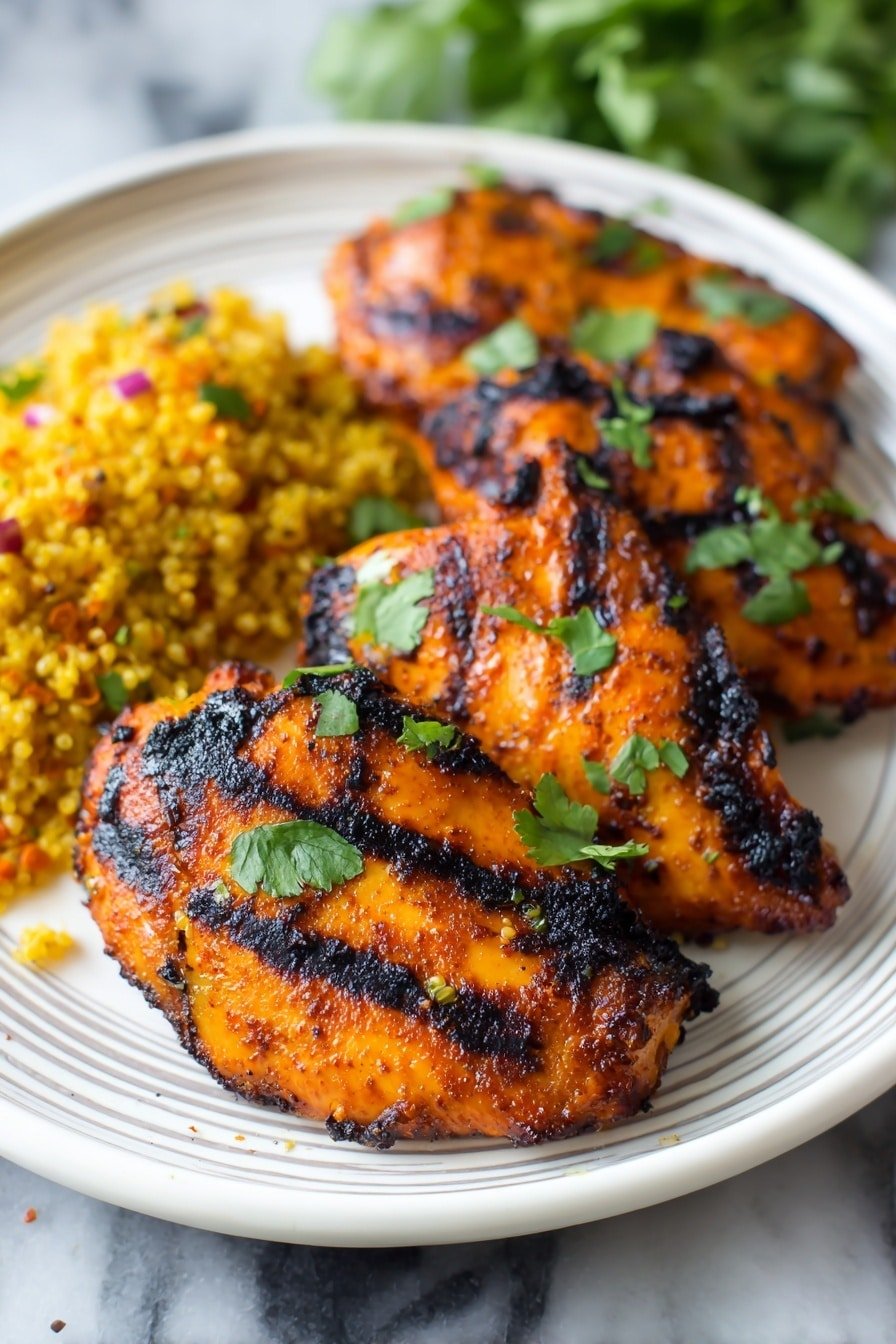 The image shows a white plate with five pieces of grilled orange chicken placed in the middle and right side. Each piece of chicken has dark grill marks and some blackened spots, giving a textured look. The chicken is topped with scattered green chopped herbs and small red chili flakes. On the left side of the plate, there is a pile of cooked grains with a mix of orange, yellow, and red colors, small green diced vegetables, and some fresh green herb leaves mixed in. The plate sits on a white marbled surface, and parts of a purple cloth and green leaves are visible in the background. Photo taken with an iphone --ar 2:3 --v 7 — Moroccan-Spiced Chicken, Grilled Chicken with Moroccan Spices, Moroccan Chicken Recipe, Spiced Grilled Chicken, Moroccan-Inspired Chicken