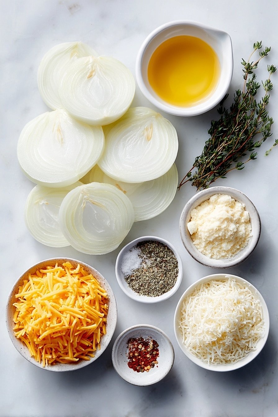 Flat lay of three large sweet Vidalia onions sliced into half-inch rings arranged loosely, a small white ceramic bowl filled with melted golden butter, a small white bowl with fine garlic powder, a small white bowl containing dried thyme leaves, a small white bowl with fine white salt, a small white bowl with freshly ground black pepper, a small white bowl heaped with shredded sharp cheddar cheese, a small white bowl heaped with shredded Monterey Jack cheese, a small white bowl with finely grated Parmesan cheese, all evenly spaced in perfect symmetry on a clean white marble surface, soft natural light, photo taken with an iPhone, professional food photography style, fresh ingredients, white ceramic bowls, no bottles, no duplicates, no utensils, no packaging --ar 2:3 --v 7 --p m7354639359234015250 — Cheesy Oven-Baked Onions, baked onion side dish, cheesy onion recipes, caramelized cheese onions, baked onion appetizer