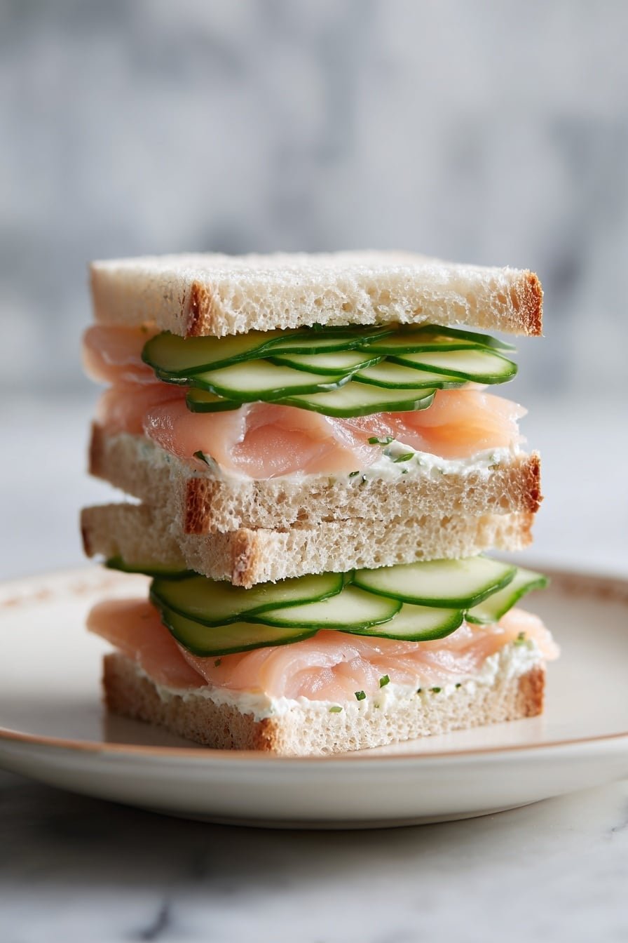 Four triangular tea sandwiches are neatly arranged in a row on a white rectangular plate. Each sandwich has three layers: soft white bread on the top and bottom, a pink creamy filling in the middle, and thin green cucumber slices with dark green lines placed vertically along the sides, giving the sandwiches a fresh and crisp look. The plate rests on a white cloth with a green leafy pattern, set against a dark wooden surface. Photo taken with an iphone --ar 2:3 --v 7 — Salmon and Cucumber Sandwiches for Elegant High Tea, smoked salmon cucumber finger sandwiches, light high tea appetizer recipes, easy sophisticated tea sandwiches, quick gourmet finger foods