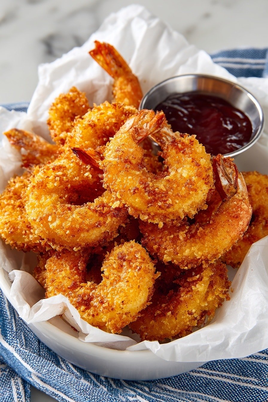 A white bowl lined with white paper holds a pile of golden-brown fried shrimp, each shrimp coated in a crunchy, textured breading with visible small crumbs. The shrimp are curled and layered closely, filling the bowl. On the right edge of the bowl, there is a small silver container filled with dark red dipping sauce. The bowl sits on a blue-and-white striped cloth, all on a white marbled surface. Photo taken with an iphone --ar 2:3 --v 7 — Crispy Ebi Fry with Tartar Sauce, Japanese shrimp fry, homemade Ebi Fry, crunchy shrimp recipe, easy Japanese seafood dish