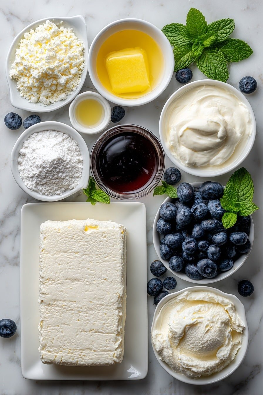 Flat lay of almond flour in a small pile, a small white ceramic bowl with melted butter, a small white ceramic bowl filled with powdered erythritol, a block of cream cheese on a white ceramic plate, a small white ceramic bowl with heavy cream, a small white ceramic bowl with vanilla extract, fresh blueberries scattered in a small white ceramic bowl, a small white ceramic bowl with lemon juice, a small white ceramic bowl with clear water, and a small white ceramic bowl with xanthan gum powder, all arranged symmetrically and naturally placed on a clean white marble surface, soft natural light, photo taken with an iPhone, professional food photography style, fresh ingredients, white ceramic bowls, no bottles, no duplicates, no utensils, no packaging --ar 2:3 --v 7 --p m7354639359234015250 — Keto Blueberry Cheesecake Bars, Low Carb Blueberry Cheesecake, Keto Dessert Bars, Sugar-Free Blueberry Cheesecake, Healthy Blueberry Cheesecake Bars