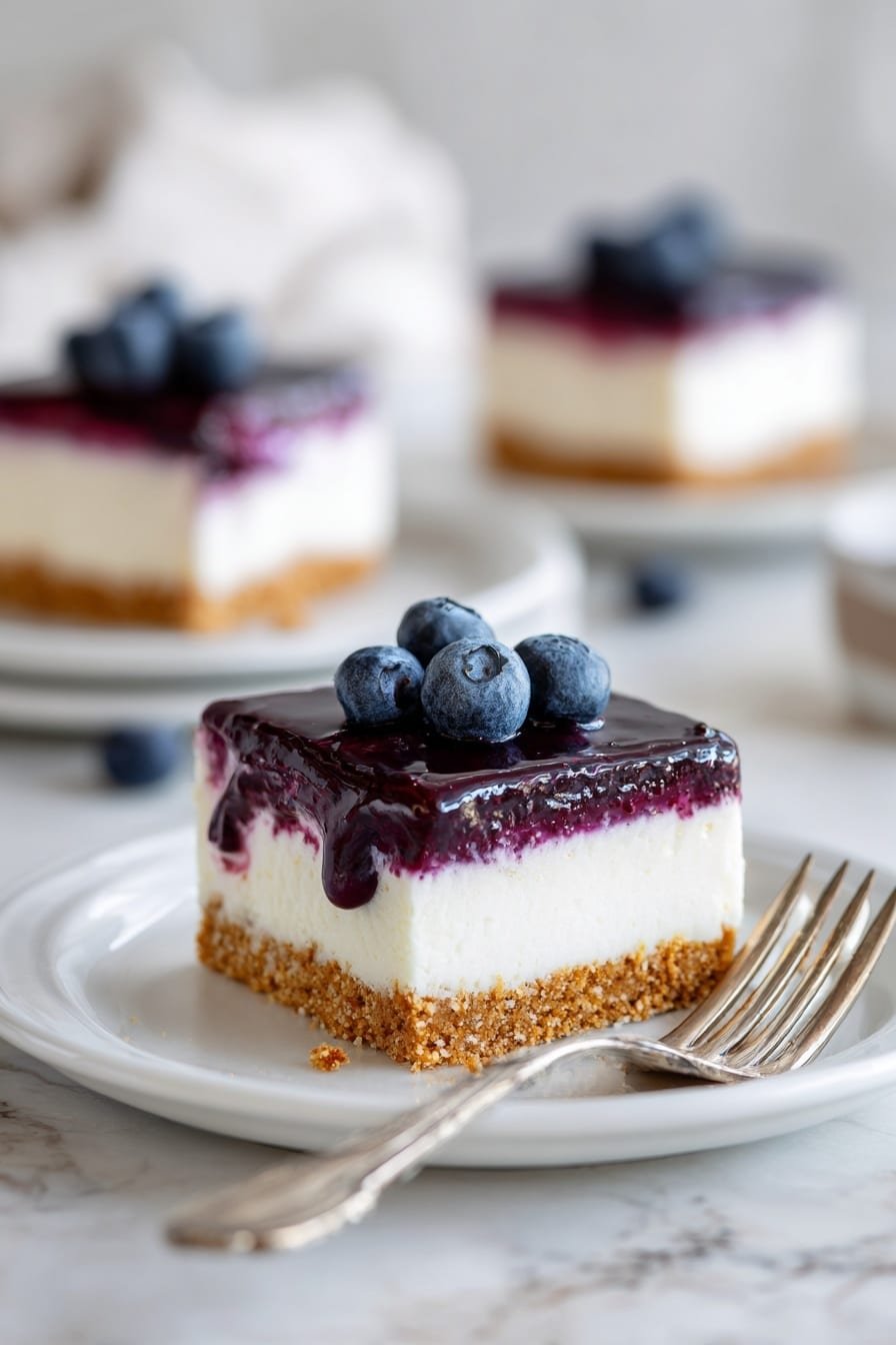 The image shows a square dessert with three layers on a white square plate. The bottom layer is light brown and crumbly, the middle layer is thick and creamy white, and the top layer is a shiny deep purple jelly with whole blueberries embedded inside. More fresh blueberries sit on top of the dessert. Around the plate, a few blueberries are scattered, and a small drop of purple jelly is on the plate's edge. A silver fork lies next to the dessert, all placed on a white marbled surface. Photo taken with an iphone --ar 2:3 --v 7 — Keto Blueberry Cheesecake Bars, Low Carb Blueberry Cheesecake, Keto Dessert Bars, Sugar-Free Blueberry Cheesecake, Healthy Blueberry Cheesecake Bars