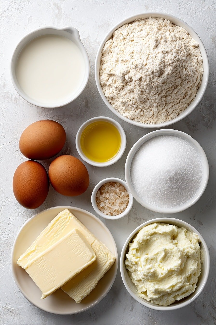 Flat lay of a small white ceramic bowl with pale beige bread flour, a small white ceramic bowl with creamy whole milk, a few tablespoons of fine granulated sugar in a small white ceramic bowl, a small white ceramic bowl containing fine milk powder, two whole uncracked light brown eggs, a small white ceramic bowl holding soft unsalted butter, a small white ceramic bowl with golden vegetable oil, a small white ceramic bowl filled with sparkling white sugar crystals, and a small white ceramic bowl with vibrant green pistachio spread, all arranged in perfect symmetry on a clean white marble surface, soft natural light, photo taken with an iPhone, professional food photography style, fresh ingredients, white ceramic bowls, no bottles, no duplicates, no utensils, no packaging --ar 2:3 --v 7 --p m7354639359234015250 — Pistachio Doughnuts with Cream Filling, pistachio doughnut recipe, homemade pistachio filled doughnuts, tender doughnut recipe, pistachio cream filling