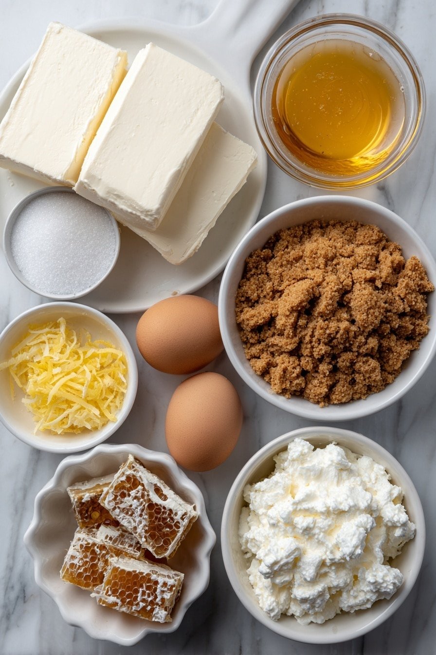Lemon Lavender Cheesecake with Honeycomb Recipe - Ingredients Image — Lemon Lavender Cheesecake, Honeycomb Cheesecake, Lemon Lavender Dessert, Floral Cheesecake Recipe, Elegant Cheesecake with Honeycomb